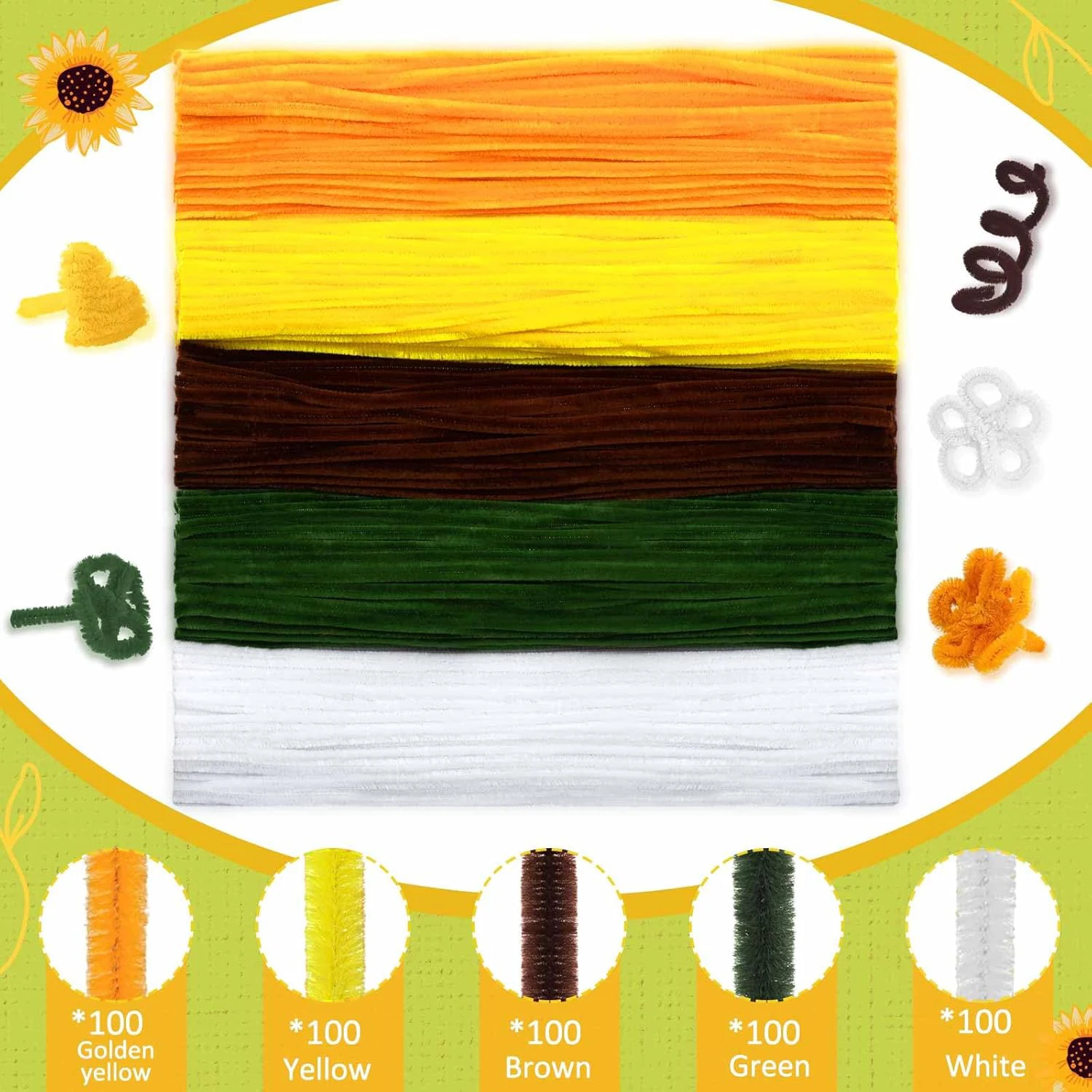 Set Da 500 Scovolini Per Pipetta Verdi + 350 Centri Fiori E Nastro - Kit Fai Da Te Per Bouquet Giallo - 4