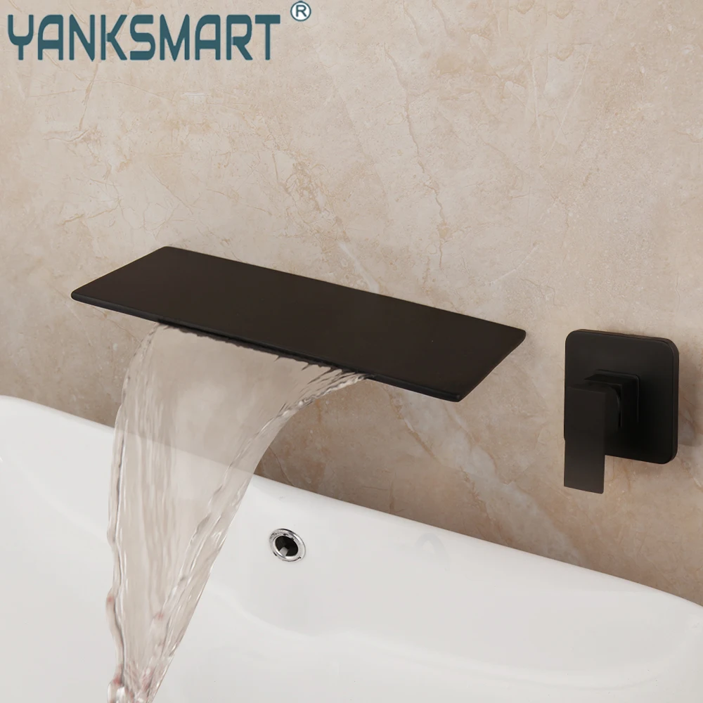 

YANKSMART Matte Black Bathroom Faucet Vanity Basin Sink Waterfall Bathtub Faucets Washbasin Wall Mounted 2 Hold Mixer Water Tap