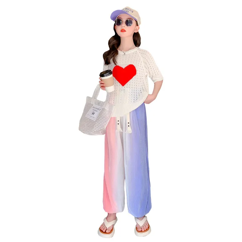 

Kids Clothes for Girls Fashion Short Sleeve Heart Piercing Top and Pants Rainbow 2Pcs/Set Summer Hot Deal Teenager Girls Outfits