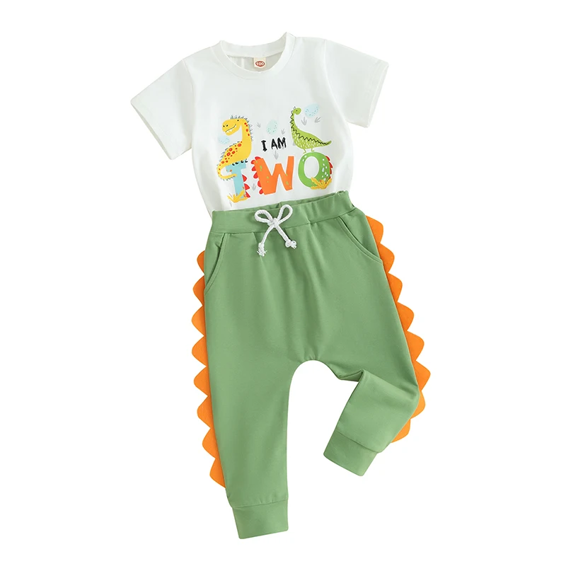 

Baby Boys 2 Piece Outfit Summer Dinosaur Print Short Sleeve T-Shirt and Elastic Pants Cute Clothes Set