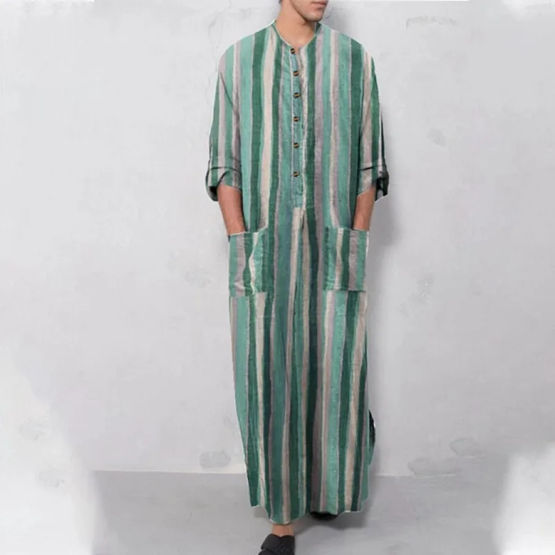 Men Sleepwear Nightgown Robe Arabian Striped Clothing Long Sleeve Shirt Vintage Homewear Cotton Bathrobe Plus Size Buttons New