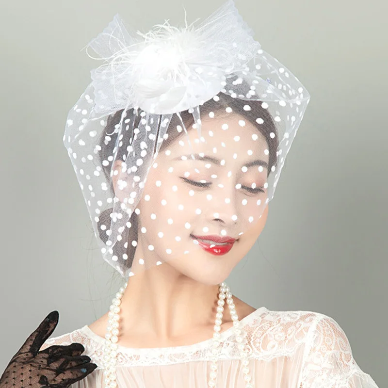 여성용 깃털 그물 털실 모자, 웨딩 액세서리, 메쉬 베일 머리 장식 캡, 헤어 클립, 하프 페이스 커버, 나비 매듭 머리핀, 패션