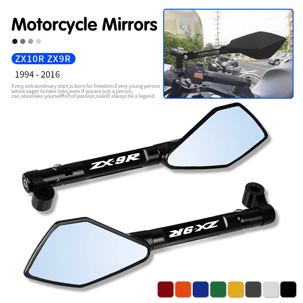 

For KAWASAKI ZX9 1994-1997 ZX9R 1998-1999 ZX10R ZX10 R 2004-2016 Universal Motorcycle ALUMINUM Rearview Side Mirrors 8mm 10mm