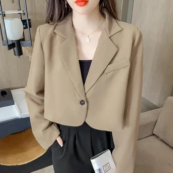 새로운 한국 패션 크롭 블레이저 재킷 여성용, 긴 소매 오피스 레이디 스트리트웨어 단색 싱글 버튼 짧은 정장 코트