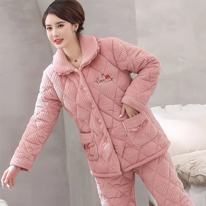 2023 New Pajama Women's Winter Autumn Thickened Fleece Cotton Loungewear Middle-aged Elderly Three-layer Mother's Homewear Set