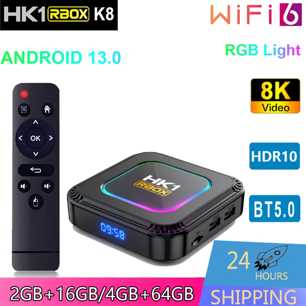 

HK1 RBOX K8 Smart Android TV BOX RK3528 2.4G&5G Dual WiFi6 BT5.0 100M LAN HD Media Player 8K HDR Set Top Box Android 13