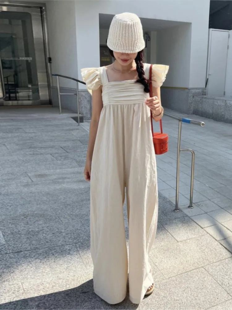Summer Sleeveless Slip Jumpsuit Women Wide Leg Loose Korean Style Ladies Jumpsuits Casual Fashion Ruffle Woman Long Jumpsuits