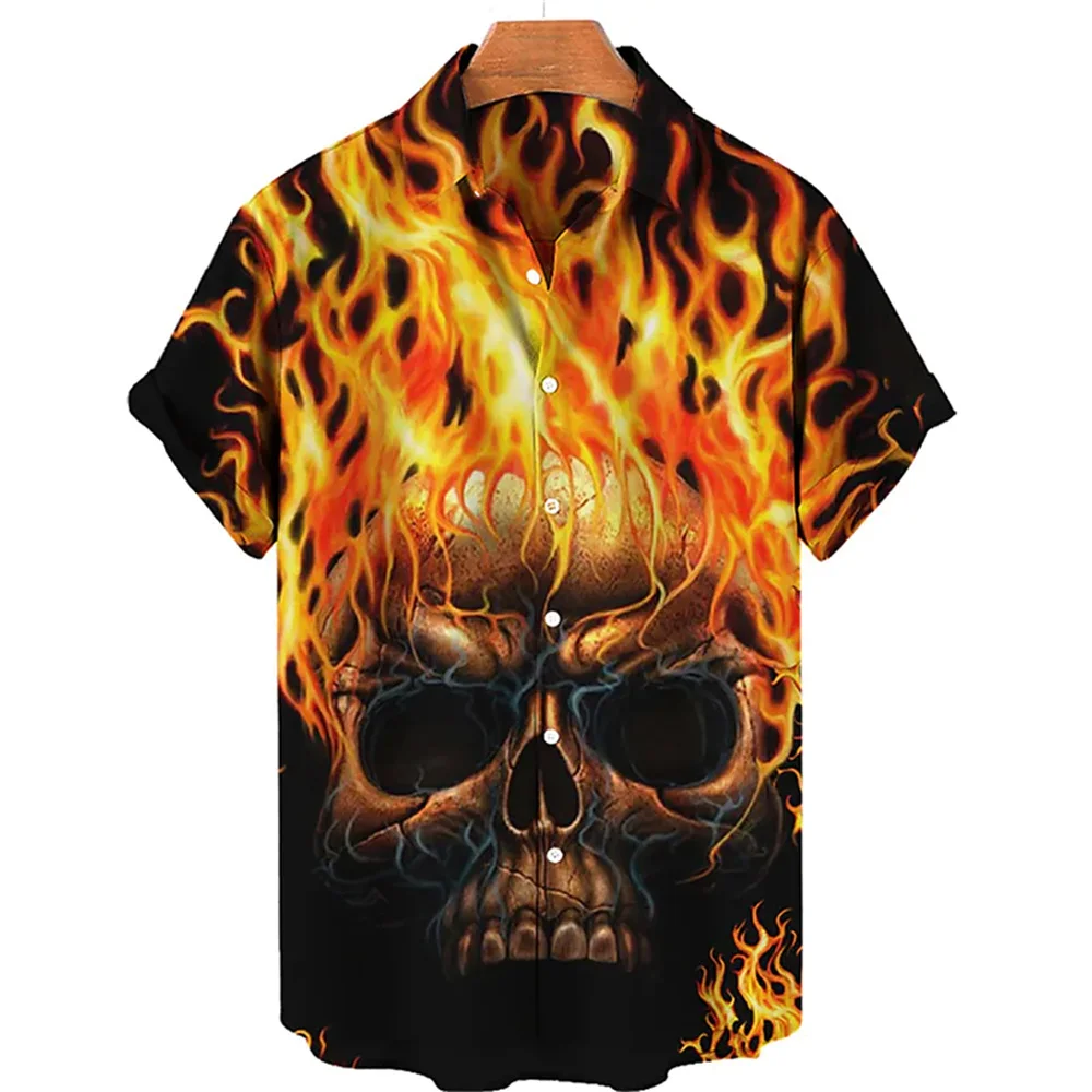 

2023 Skull 3d Hawaiian Shirts Man Retro Caucal Shirt Man Fashion Men'S Shirt Fire Graphic Short Sleeved Summer Simple Shirts Top