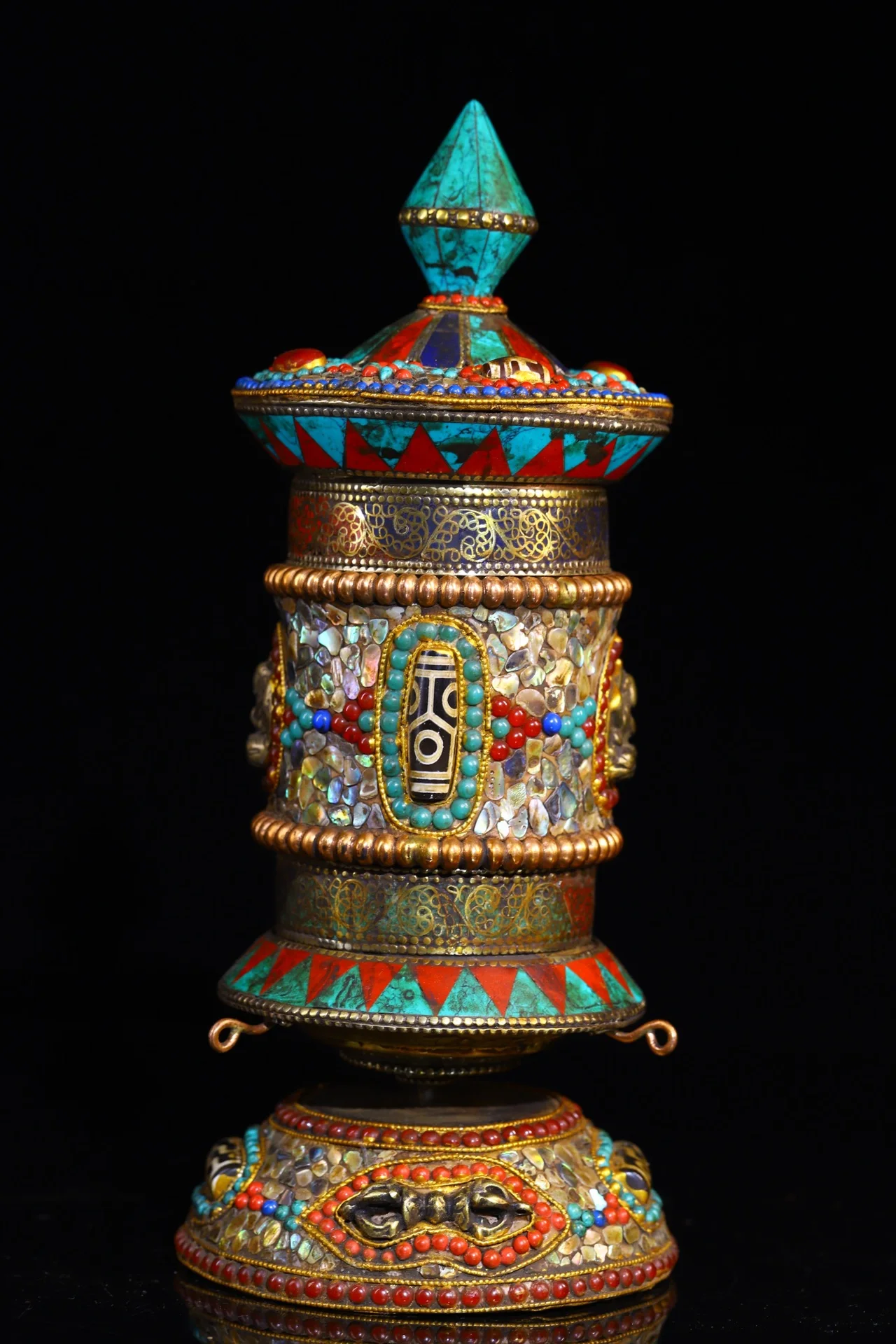 

10"Tibet Temple Collection Old Bronze Mosaic Gem Beads Shell Turquoise Prayer Wheel Amulet Dharma Worship Hall Town house