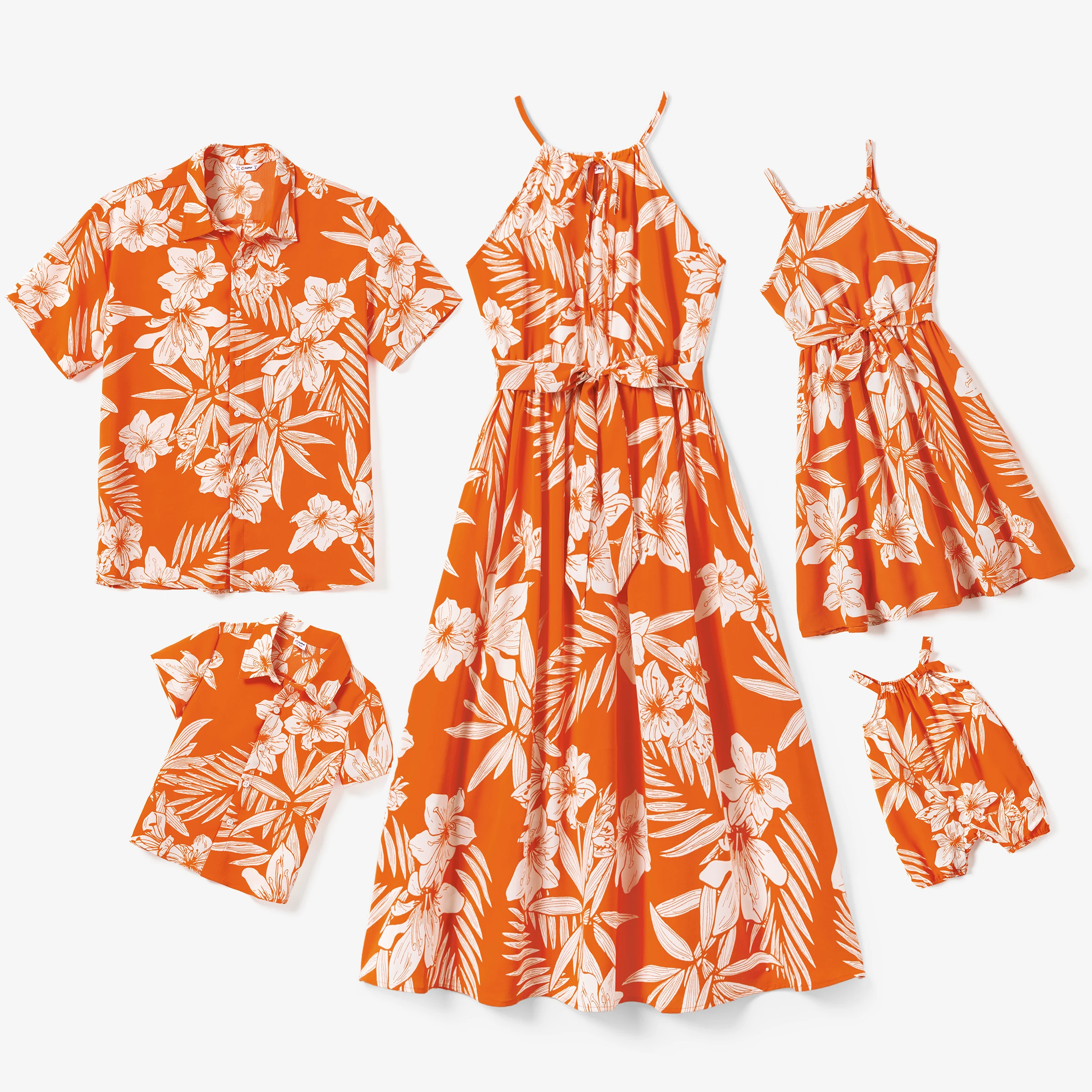 PatPat Family Matching Orange Beach Shirt and Floral Strap Dress Sets