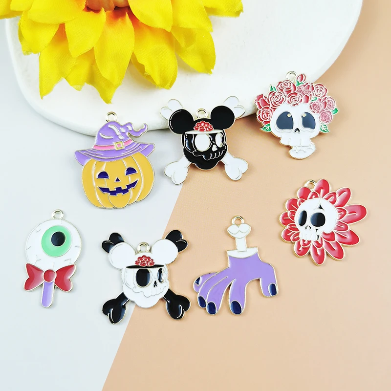 

10pcs Cartoon Halloween Flowers Skull Bone Enamel Charm for Jewelry Making Earring Pendant Bracelet Accessories Diy Findings