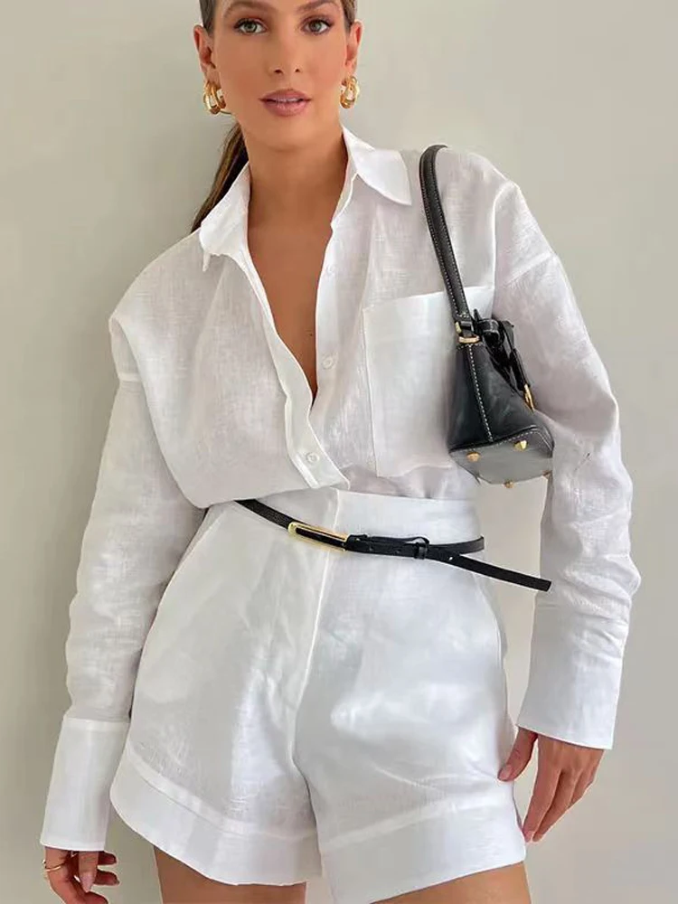 Tossy Casual Pocket 2 Piece-Set Women's Shorts Sets Lapel Long Sleeve Shirts And High Waist Solid Shorts Outfits Female Clothes