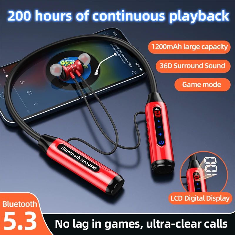 

NEW 200Hours Playback Wireless Headphones Bluetooth Earphones Sports Waterproof Headset For Apple Xiaomi Huawei No Delay Earbuds