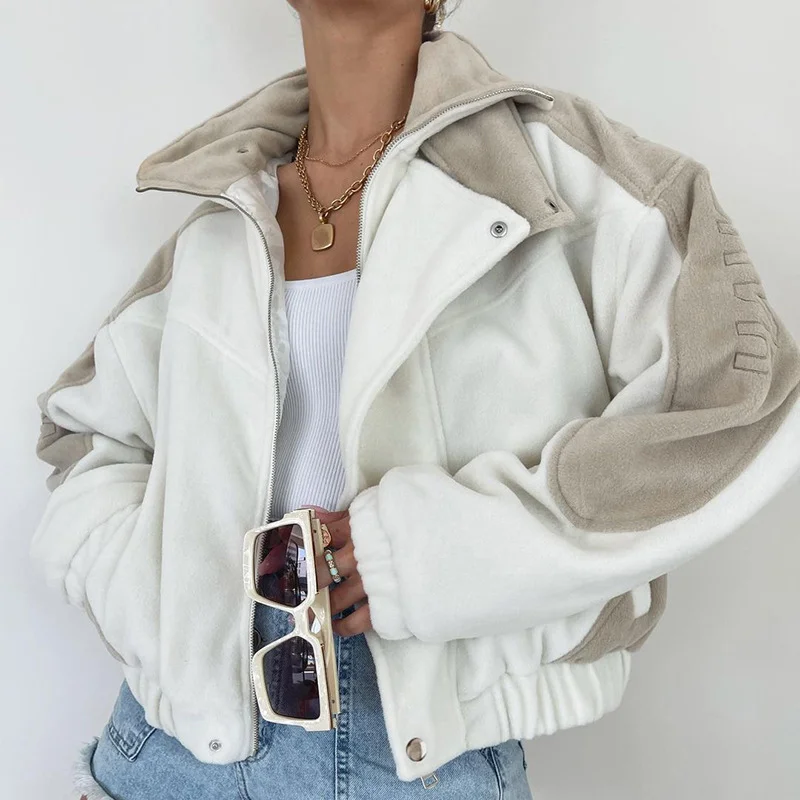 Trendy Color Contrast Design Harajuku High-necked Plush Jacket Waist Loose Loose Workwear Jacket Cropped Jacket Pink Coat 2022 denim jumpsuit women s 2022 summer invisible open crotch fashion waist controlled workwear one piece shorts cropped jeans pants