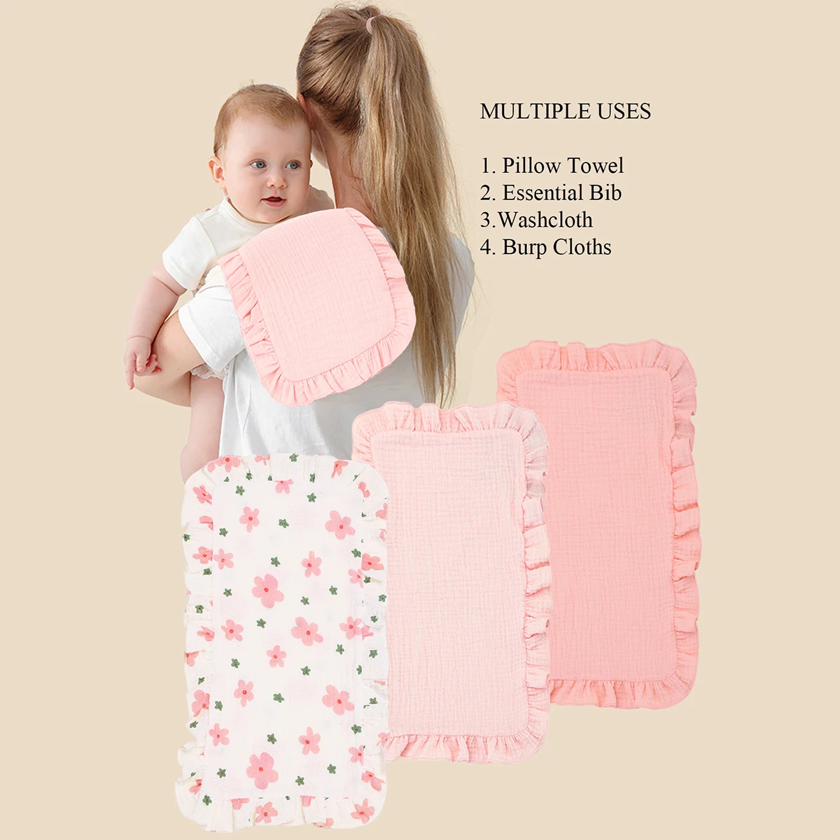 3-piece soft gauze cotton shoulder pad baby burp cloth with ruffles for newborns