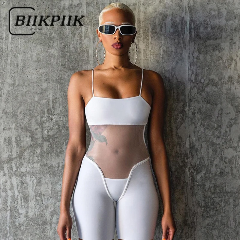 

BIIKPIIK Mesh Patchwork Sexy Playsuits See Through Backless Off Shoulder Female Casual Bodycon Rompers Fashion Vacation Outfits