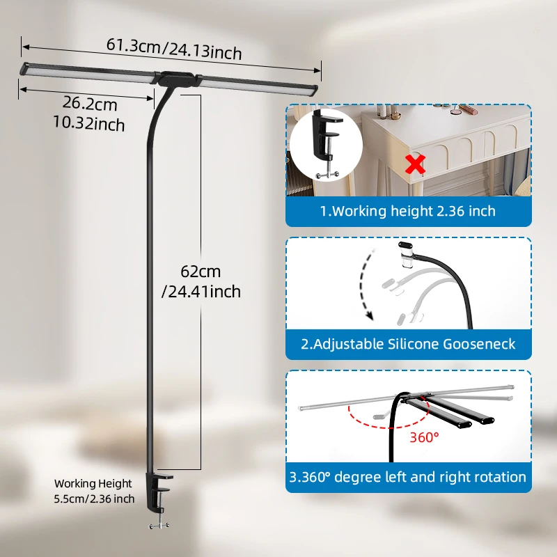 Table Lamp Double Head LED Desk Lamp Stepless Dimmable Computer Monitor Lights USB Foldable for Office Reading