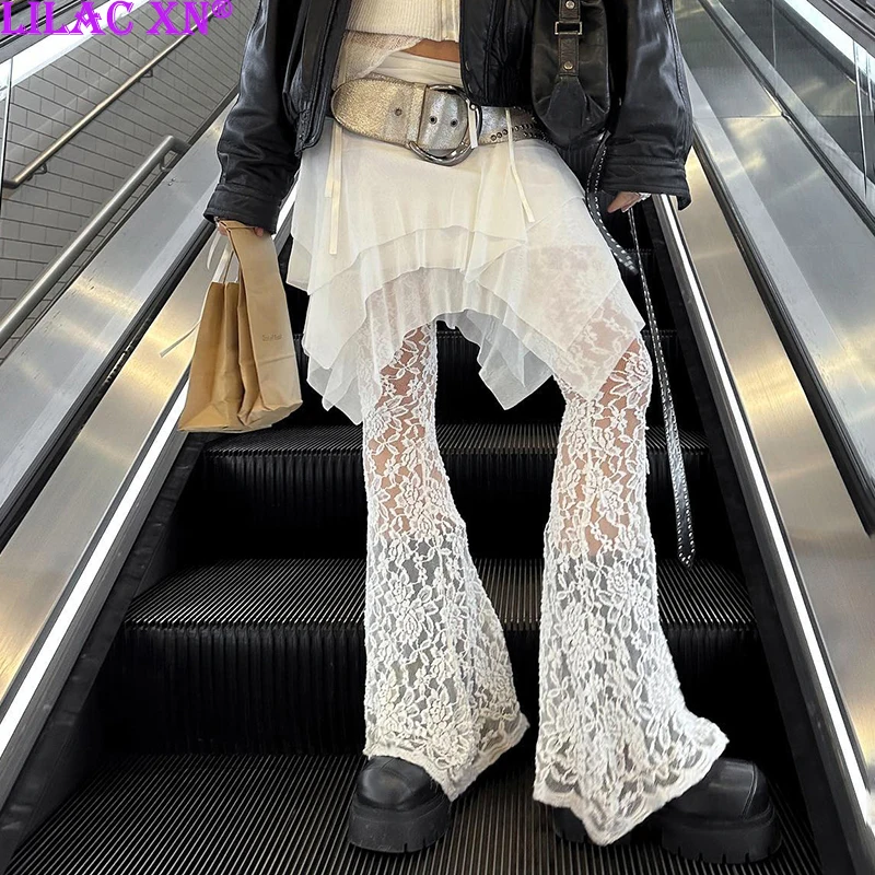 

Y2K Sexy Floral Lace Mesh See Through Pantskirt Vintage Aesthetic White Skirt Flared Pants Women Summer Fashion Streetwear