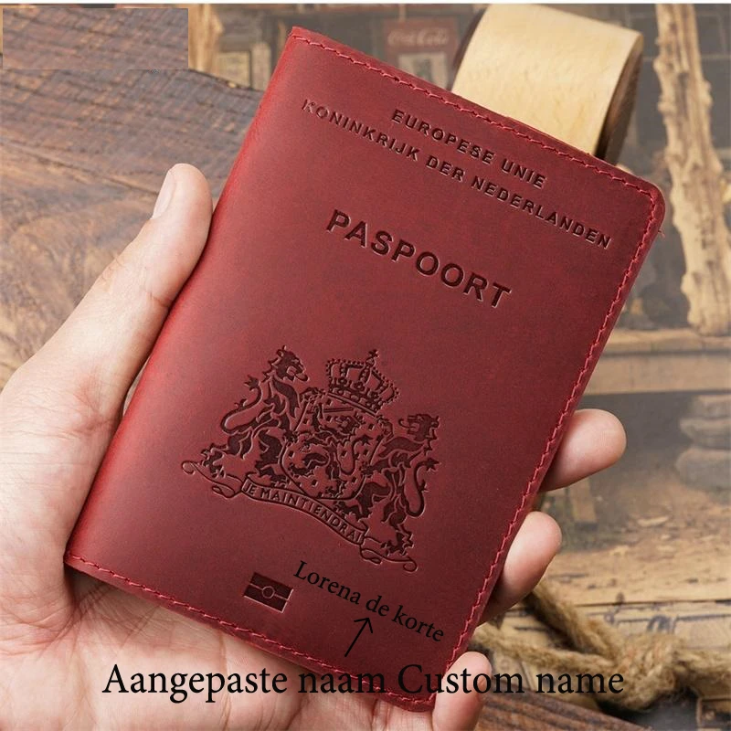Custom Name Genuine Leather Netherlands Passport Cover Men's