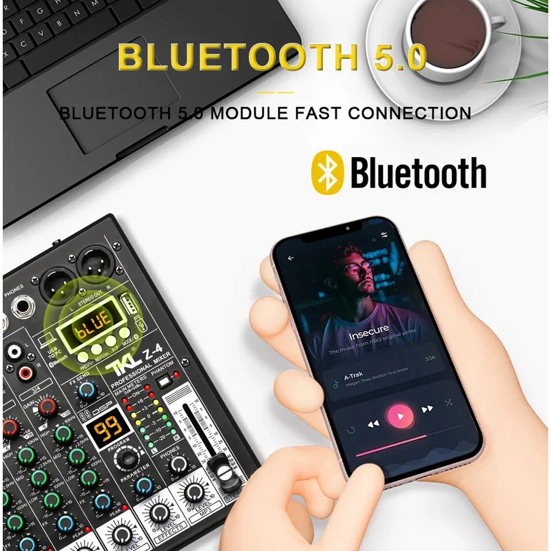 For TKL 4 channel 99 DSP audio mixer 48V Phantom Power USB studio sound mixers Bluetooth DJ console mixing for karaok