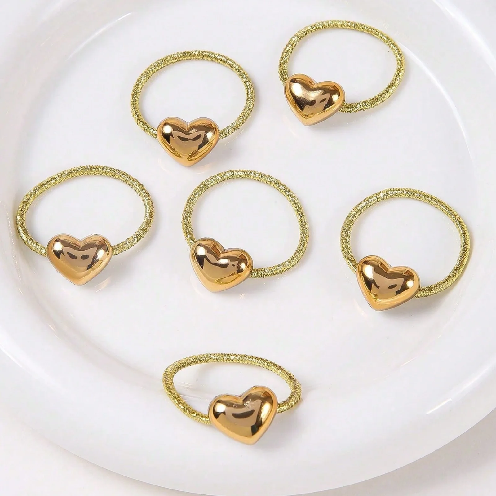 10PCS Gold Heart Hair Rings Set, Glittery Braided Hair Accessories For Girls, Cute Metallic Heart Decor Hair Bands