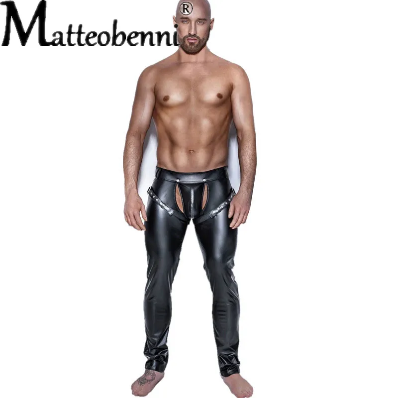 Men Leather Chaps Men Leggings Erotic Men Faux PU Leather Pants Male Wetlook Latex Trousers Open Front Pole Dance Pants Gay Fetish PVC Clubwear Costumes