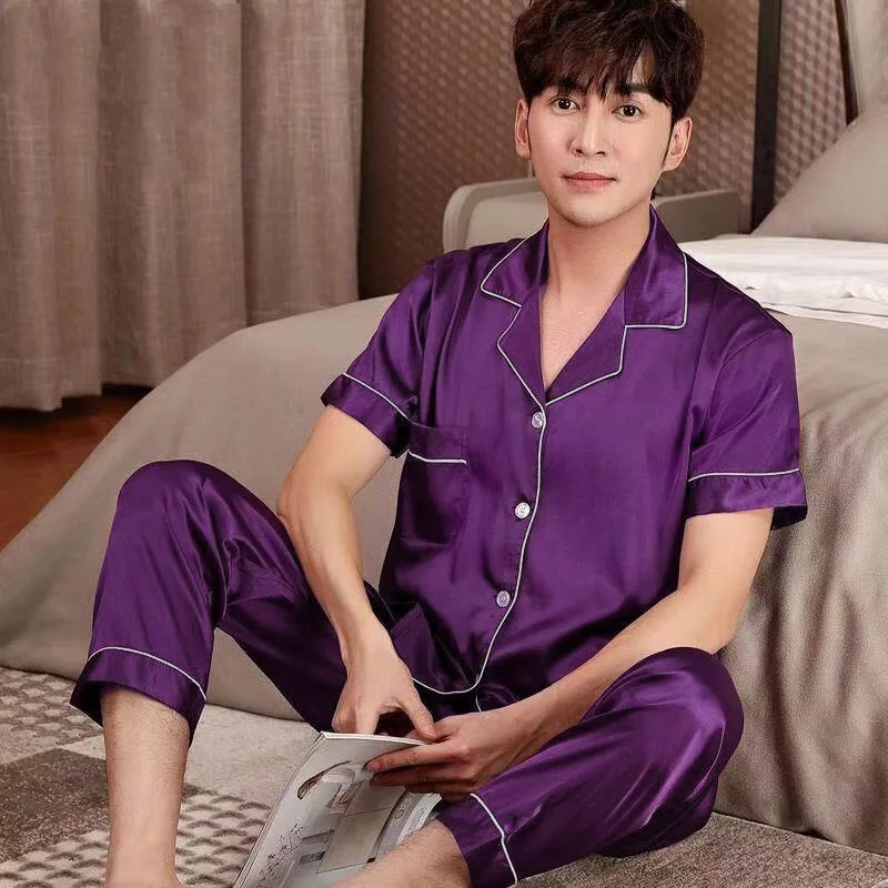 Summer Men's Ice Silk Pajamas Solid Color Lapel Short Sleeve Pants Oversized Loose Casual Imitation Silk Home Clothing Set