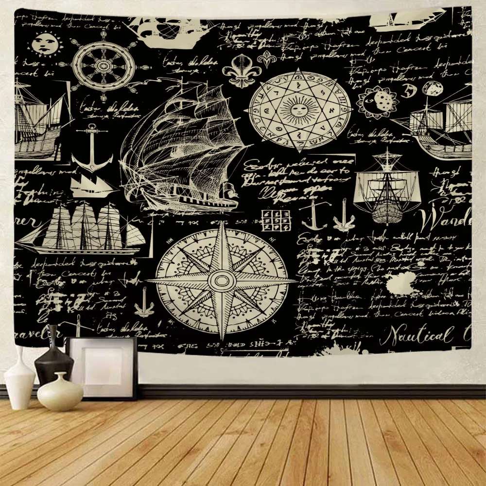 

Vintage nautical tapestry, cartoon pirate ship wall hanging cloth, hippie home wall decoration, living room art background cloth