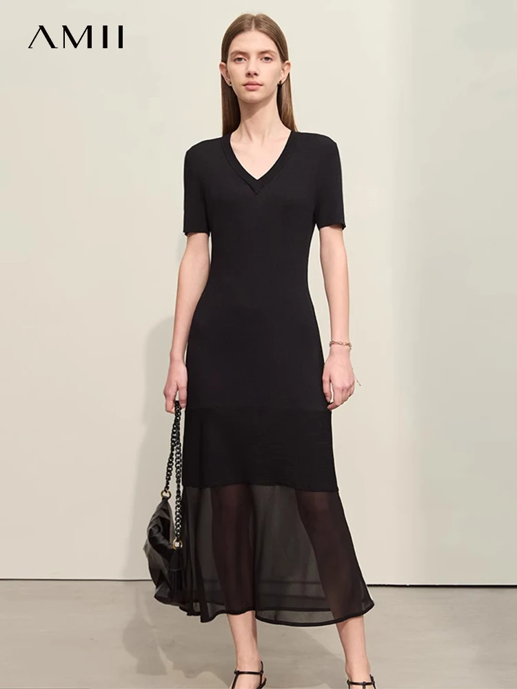

Amii Minimalism 2024 Women's Knitted Dresses Summer New V-neck Spliced Chiffon Short-sleeve Female Slim Fishtail Dress 12442152