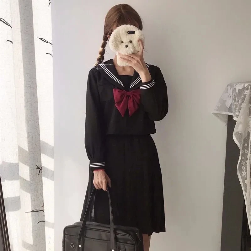 Japanese School Uniform Suit Sailor JK S-2XL Basic Cartoon Girl Navy Sailor Uniform Black sets Navy Costume Women girl costume japanese school uniform cheerleader costume set