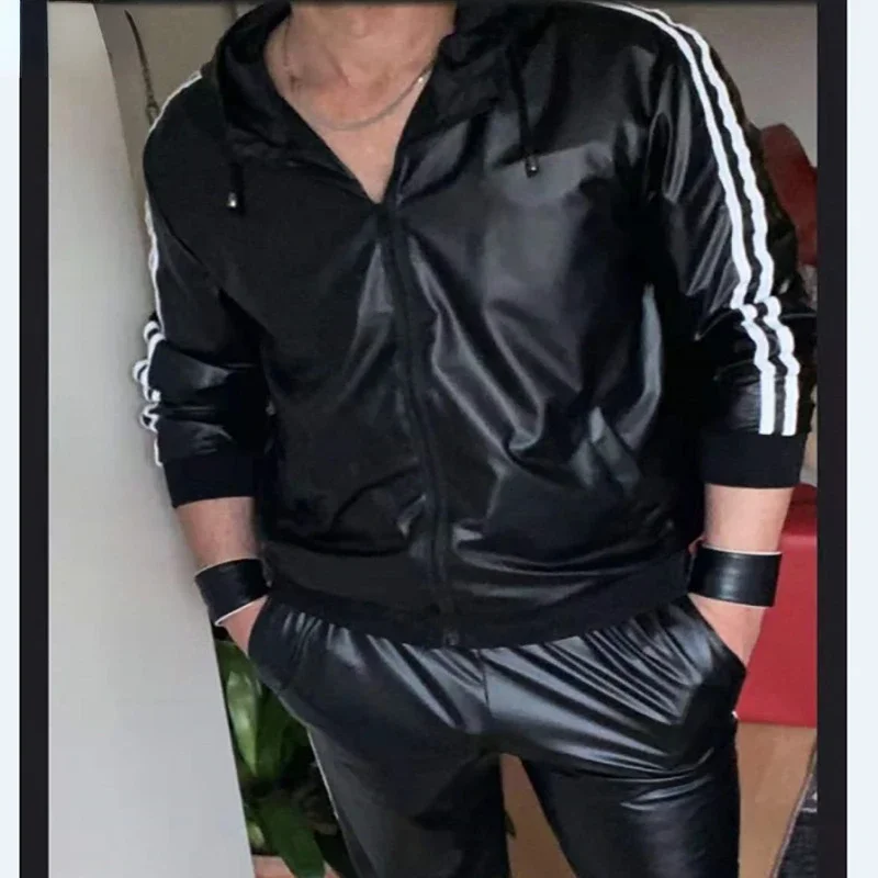 Men's PU Leather Jackets Hoodie Jogging Suit Motocross Jersey and Pants