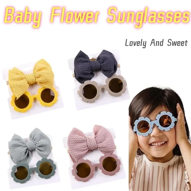Baby Sunglasses with Hair Band Set Girls Kids Children Cute Cool Toy Shade Glasses Bows Headband for 0-3 Years Hair Accessories