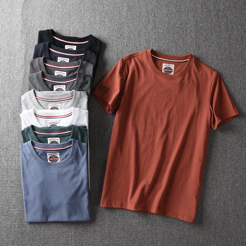 Summer New American Retro Short-sleeved O-neck Solid Color T-shirt Men's Fashion Simple 100% Cotton Washed Casual Sport Tops
