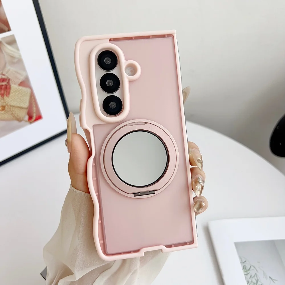 360° Rotating Mirror Stand Magnetic Case with 3D Wave Border and Shockproof Bumper