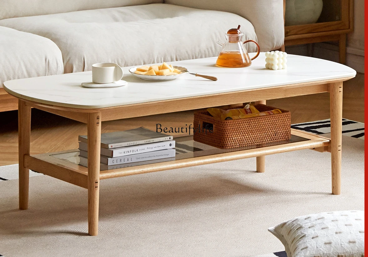 

Solid Wood Stone Plate Coffee Table Oak Double-Layer Simplicity Modern Simple Tea Table
