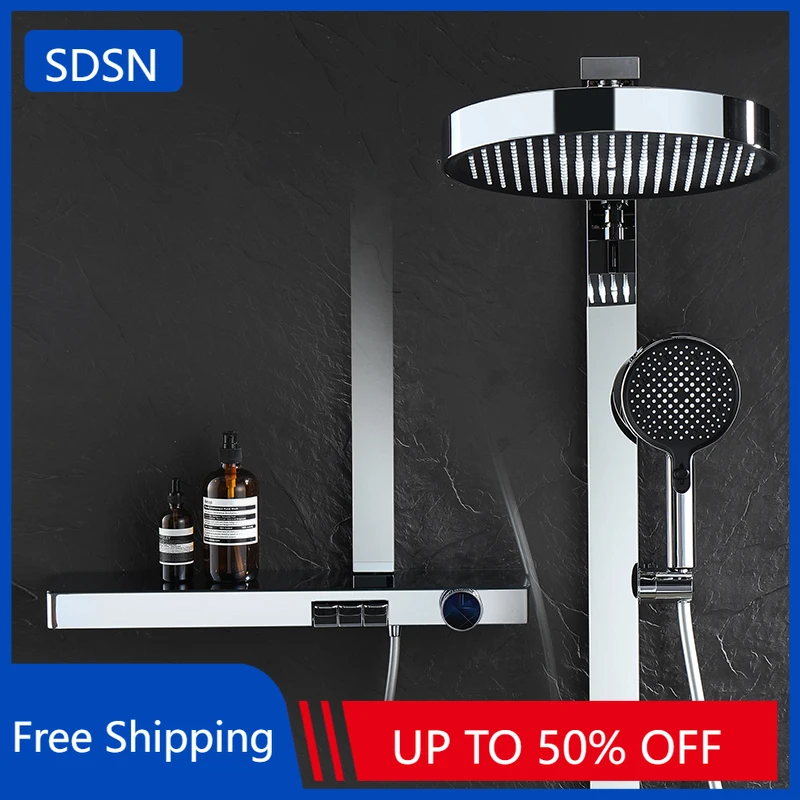 Chrome ดิจิตอลเปียโนห้องน้ําชุดฝักบัว 12 นิ้วรอบหัวฝักบัวทองเหลืองร้อนเย็นเปียโนดิจิตอลห้องน้ําระบบ 1