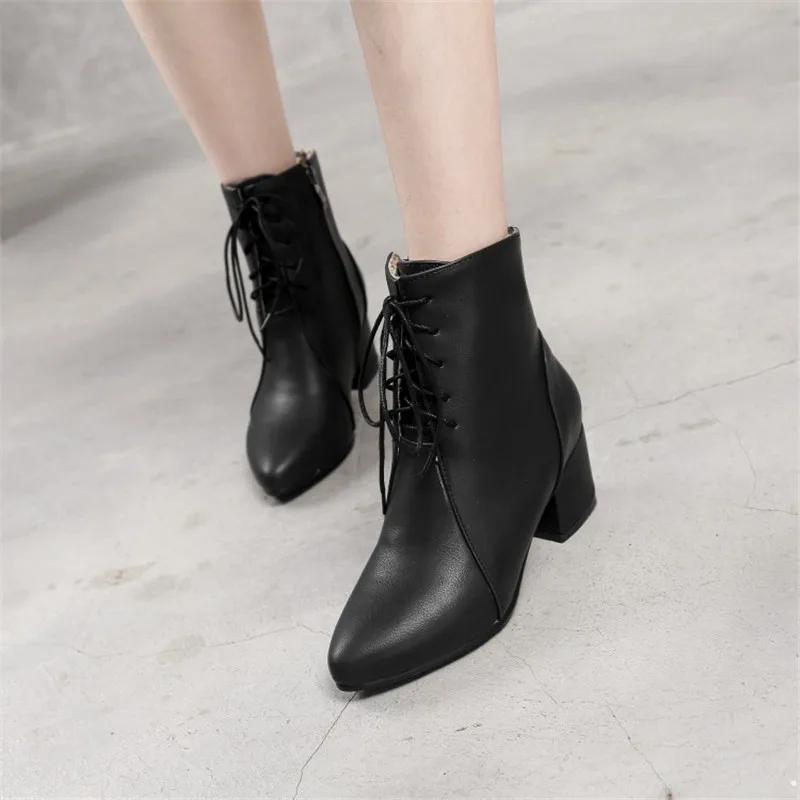 Fashion Women's Ankle Boots Autumn Winter Lace Up Pointed Toe Female Boots High Heel Shoes Woman Warm Plush Short Boots 34- 45