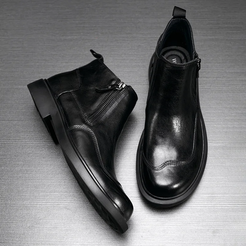 

Мужские мотоциклетные ботинки из натуральной кожи, Черные ботильоны из воловьей кожи, ботинки челси в ретро стиле, обувь для осени и зимы, 2019