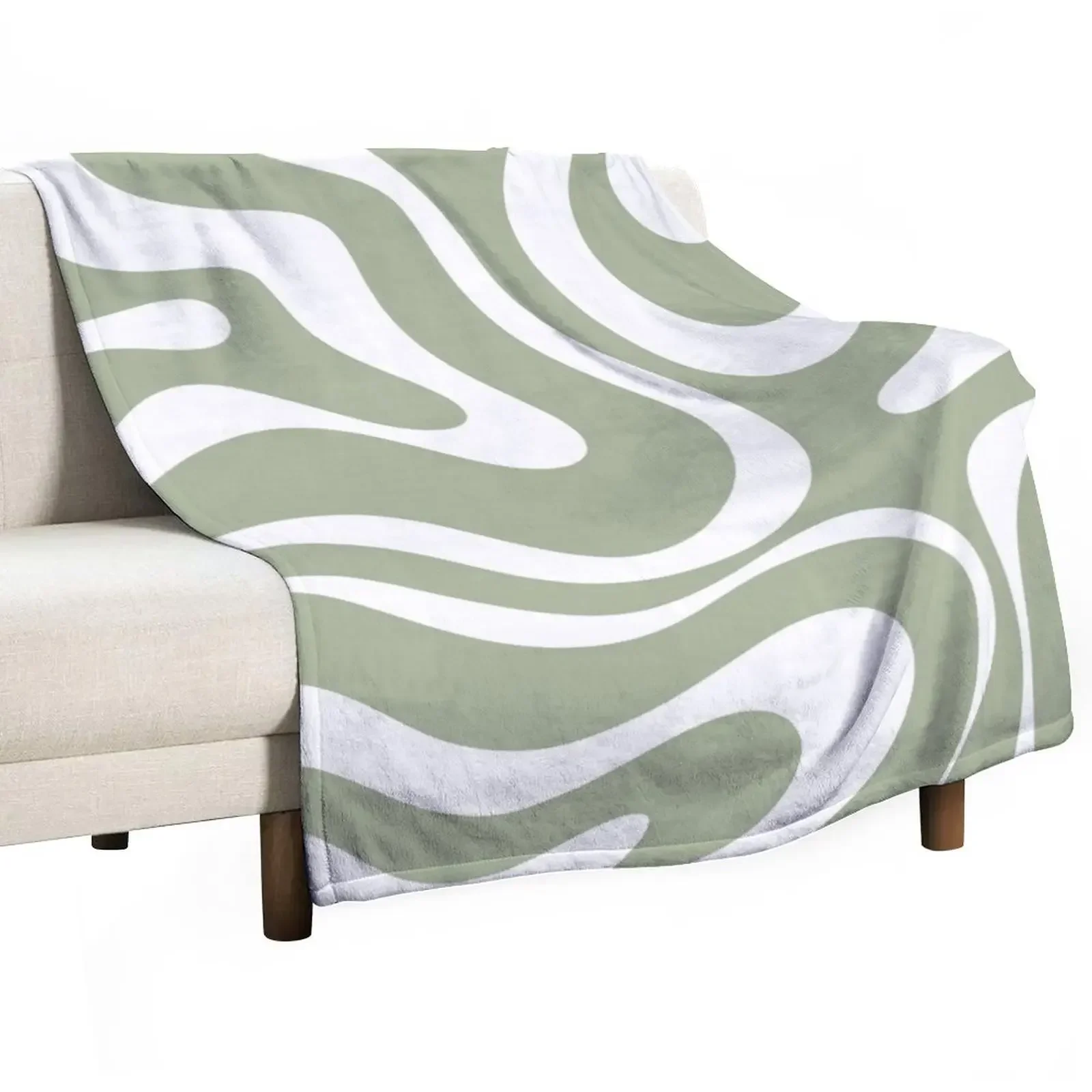 

Liquid Swirl Abstract Pattern in Sage Green and White Throw Blanket Picnic Luxury Designer Blankets