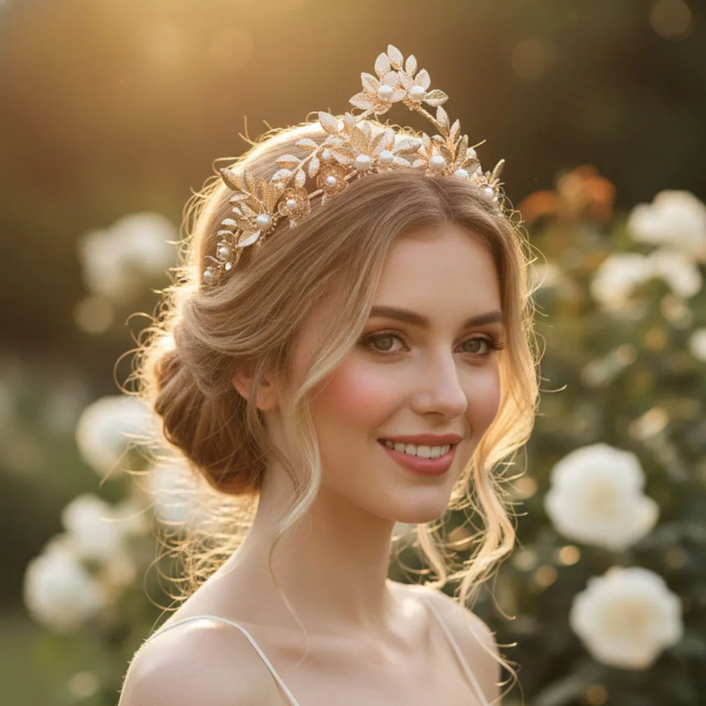 SLBRIDAL Handgefertigte Kristall-Strass-Perlen Blumen-Blatt Braut-Tiara Stirnband Hochzeitskrone Haaraccessoires Damen Mädchen Schmuck – Detail 25