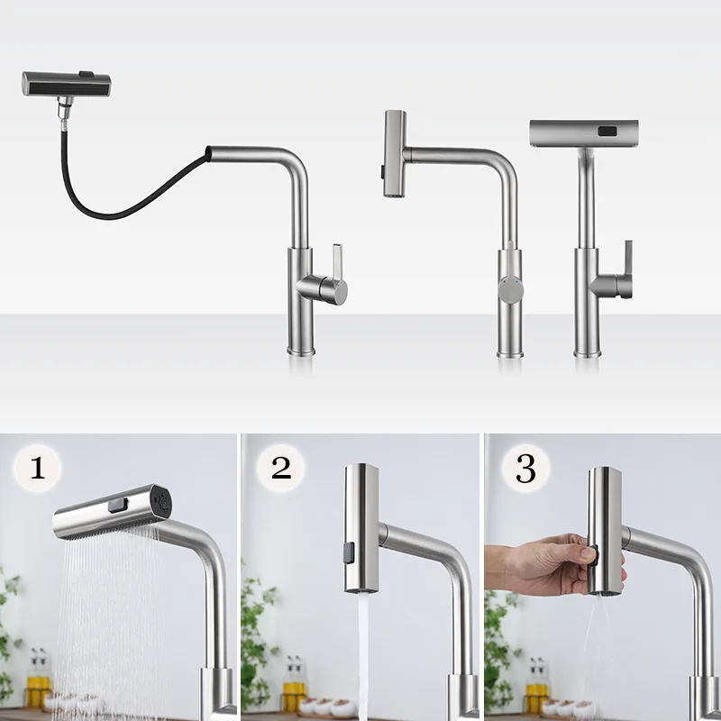 3 Modes Waterfall Kitchen Faucet Pull Out Stream Sprayer Hot Cold Single Hole Deck Mounted Water Sink Mixer Wash Tap For Kitchen