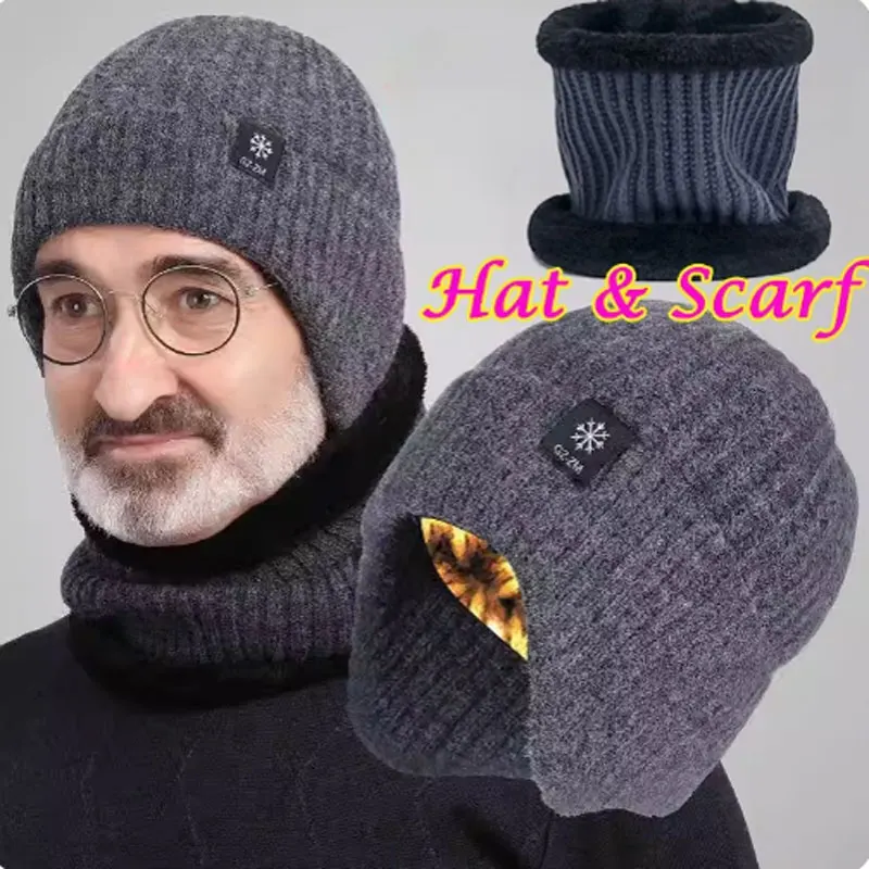 Winter 2-piece Sets For Men Dad Knit Cap Velvet Hat Coral Fleece Scarf Outdoor Riding Thickening Plus Neck Protect Cap