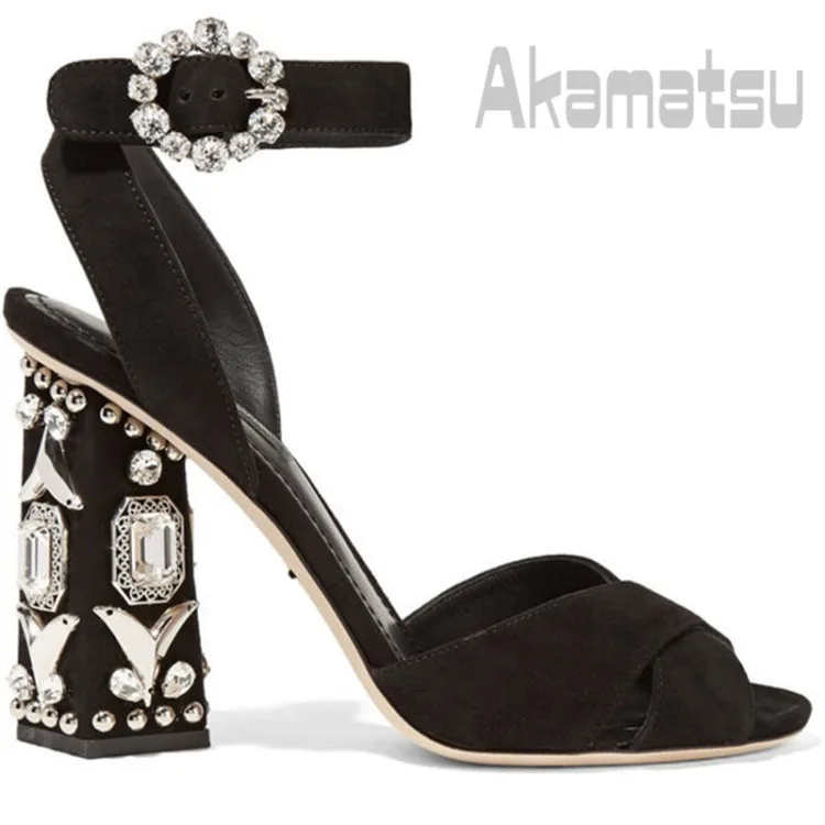 

Square Heel with Rivet Rhinestone Buckle Women's Sandals Sexy Luxurious Black Suede High Heel Thick Heel Shoes Size 35-43