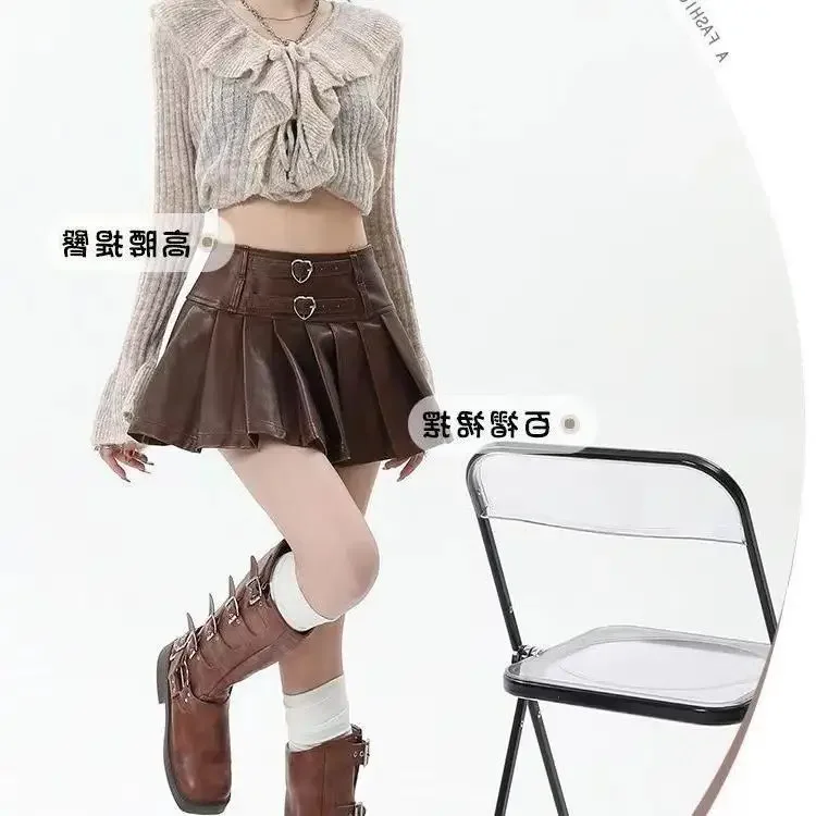 XS-3XL Y2K Pu Leather Mini Skirts Women Streetwear High Waist Pleated Skirt Vintage Korean Black Slim Casual A Line Skirts 5