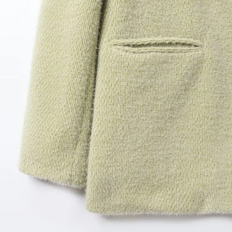 Women's Light Green Suede Blazers Coat Female Lapel Long Sleeved Single Button Suit Jacket Lady Street Elegant Casual Overcoat