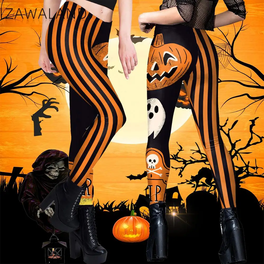 

Zawaland Halloween Skull Strips Pumpkin Print Women Legging Mid Waist Fitness Workout Trousers Pants Female Sexy Stretch Legging