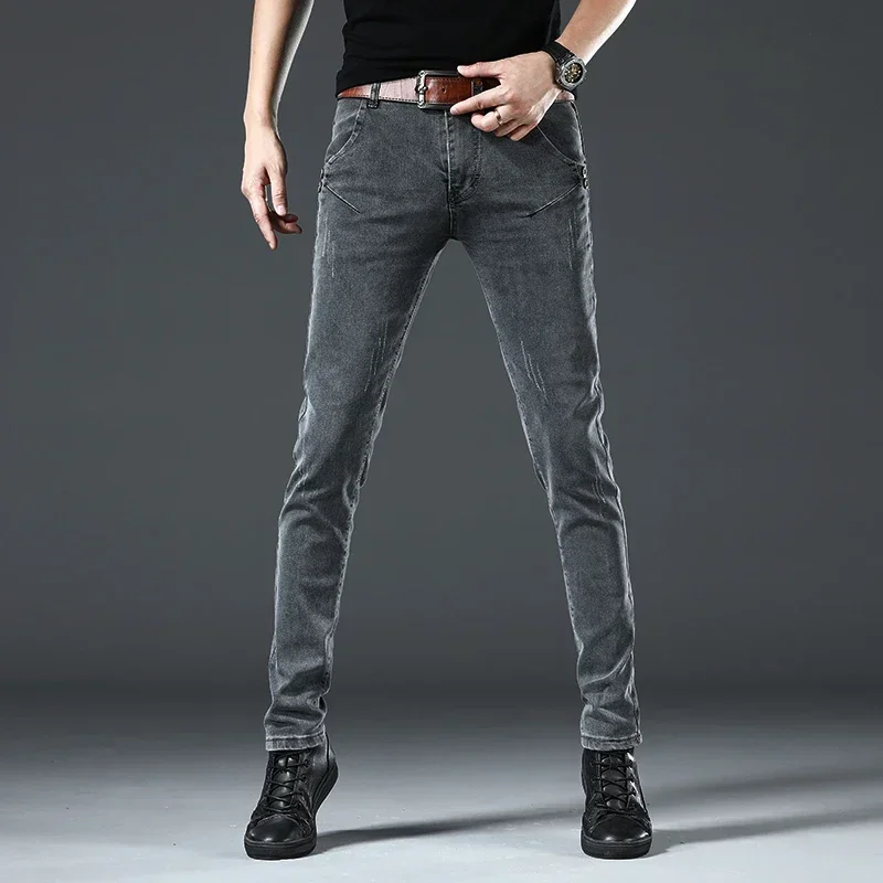 Brand Clothing Men Jeans Grey Elasticity Slim Skinny Business Casual Classic Edition Type Comfortable Male Denim Pants