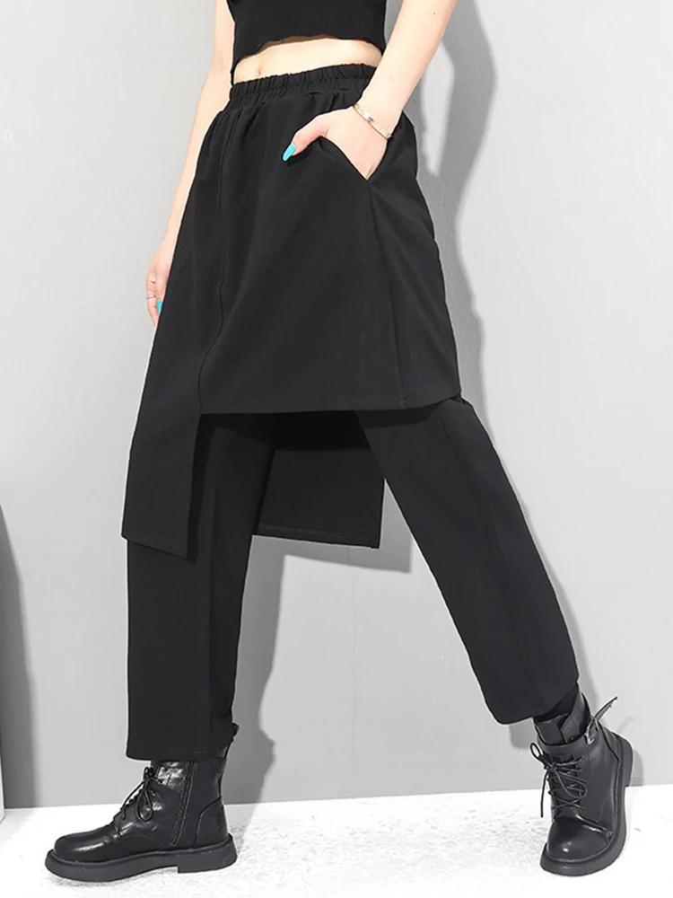 [EAM] High Elastic Waist Black Irregular Long Harem Trousers New Loose Fit Pants Women Fashion Tide Spring Autumn 2026 1DC430