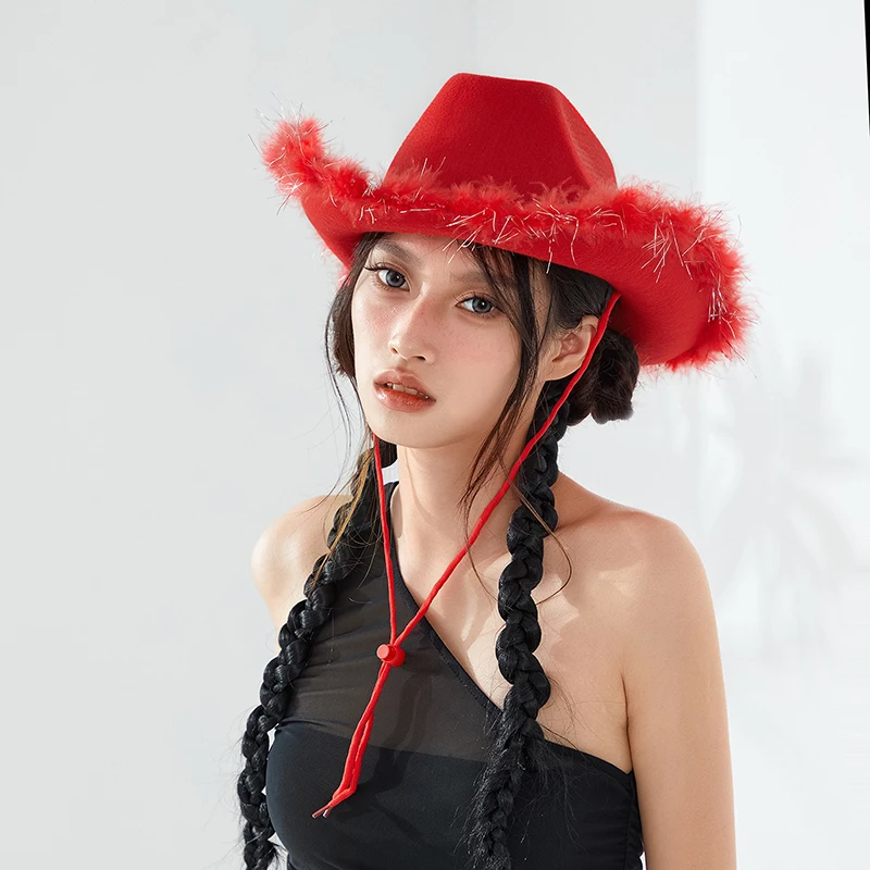 Women'S Western Cowboy Hat Adult Solid Color Fur Trimmed Wide Brimmed Hat Yuppie Gentleman Style Date Party Women'S