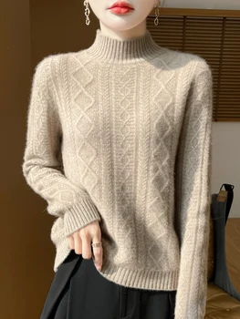 Naiste 100% meriinovillast madala kaeluse ja palmikmustriga kampsun M-XXL 2